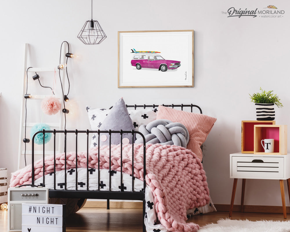 Vintage Holden car with surfboard wall art print for kids room decor