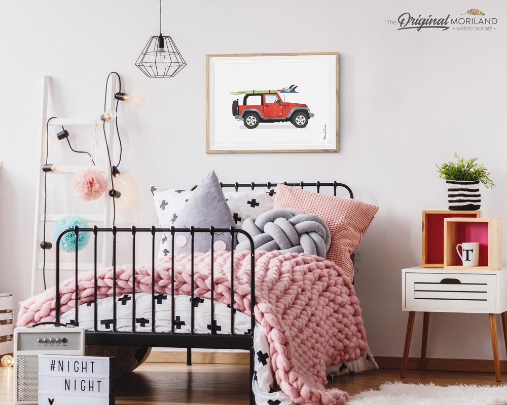 Jeep with surfboard wall art poster print for bedroom decor