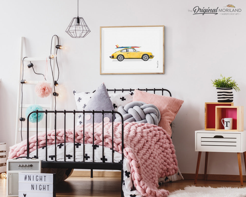 classic Porsche 911 Print with Surfboard wall art print