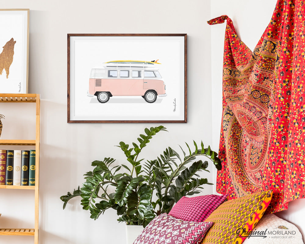 Pink VW Bus van Wall Art Print for girls room decor