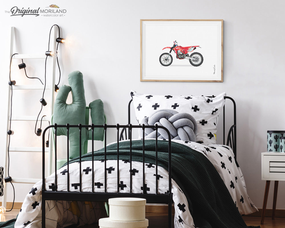 Red Dirt Bike Print for Boys Bedroom Wall Art