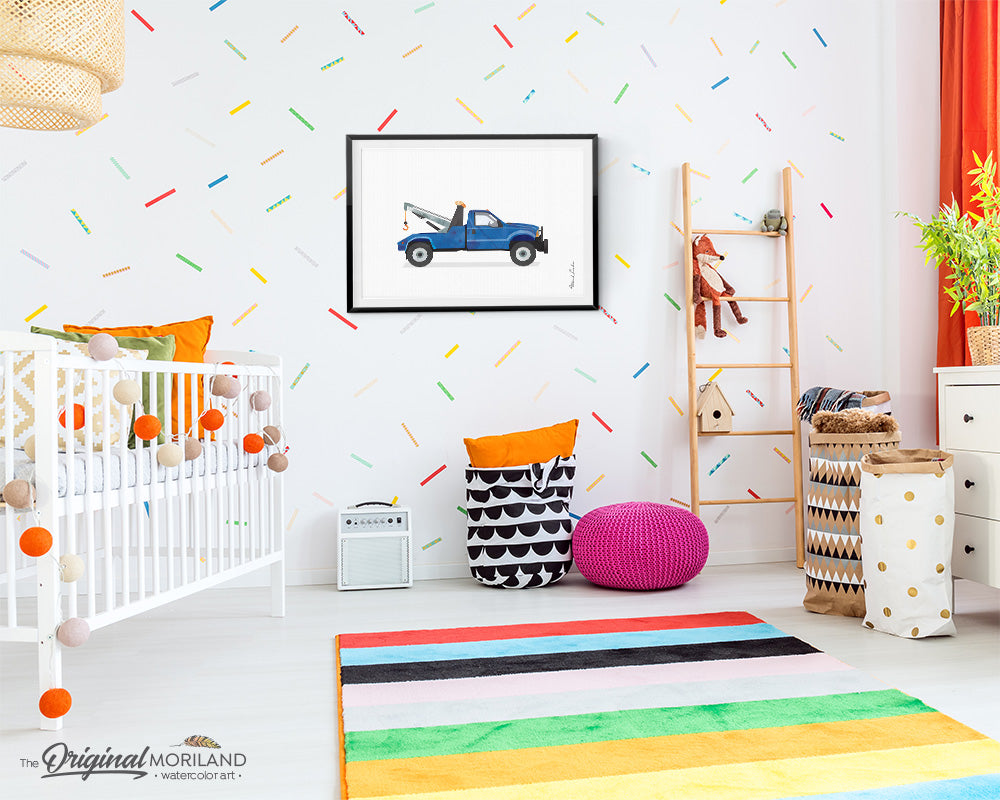 Blue Tow Truck wall art print for boy bedroom decor