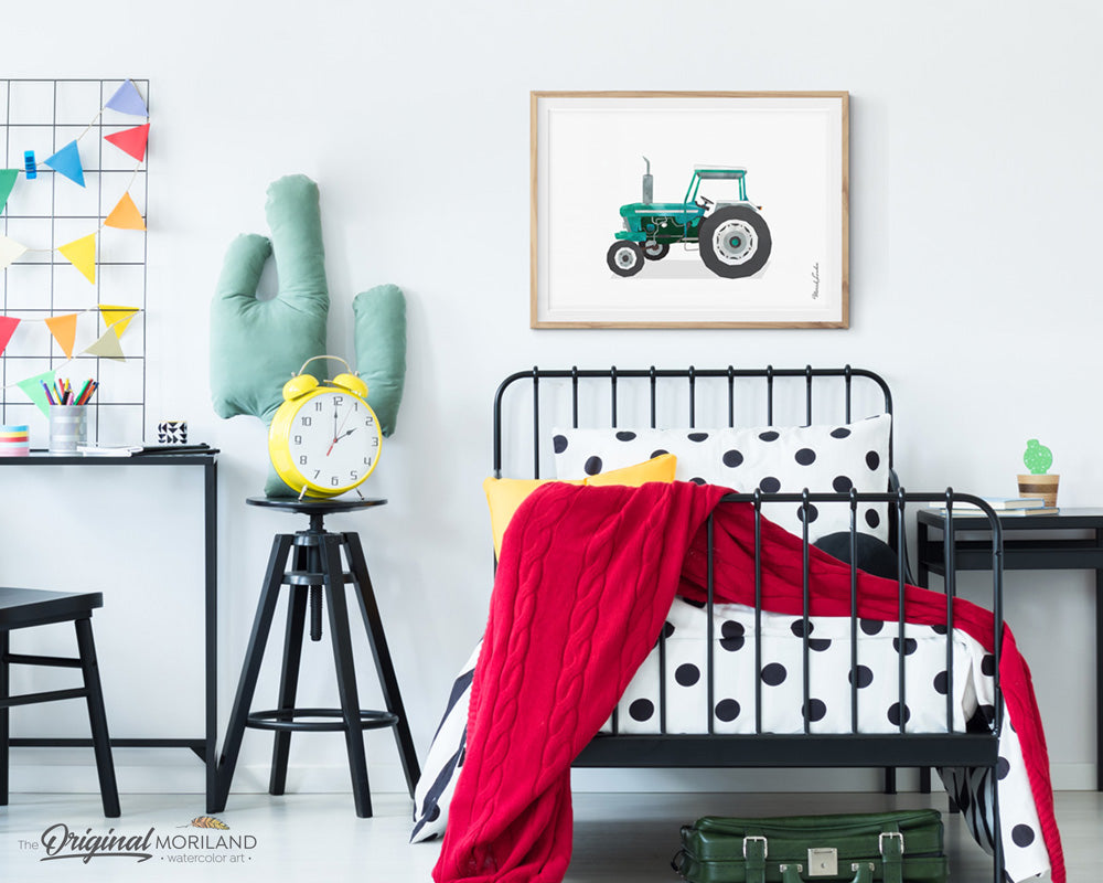 Green Vintage Old Tractor Wall Art Print for kids room decor