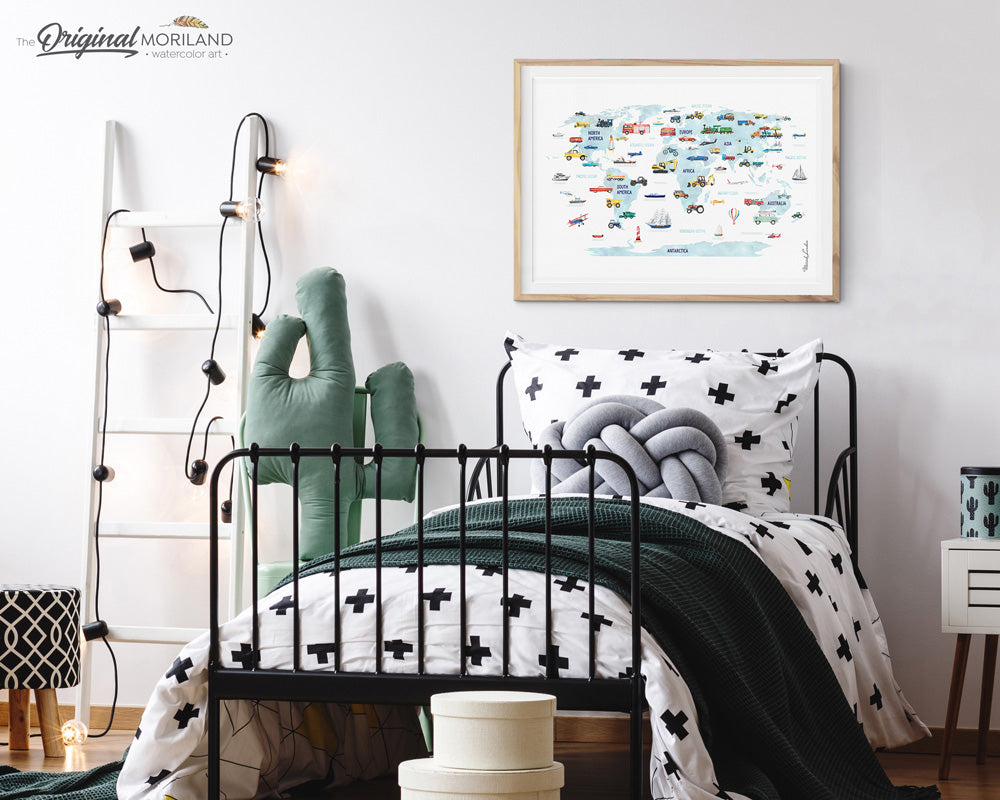 Watercolor world map wall art print for boy nursery bedroom decor
