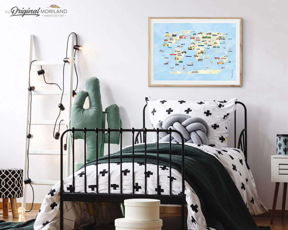 Watercolor world map wall art print for nursery